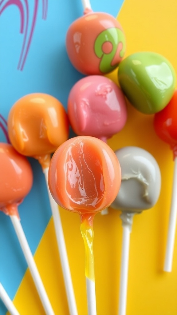 Colorful homemade Juicy Drop Pops with shiny candy shells and lollipop sticks.